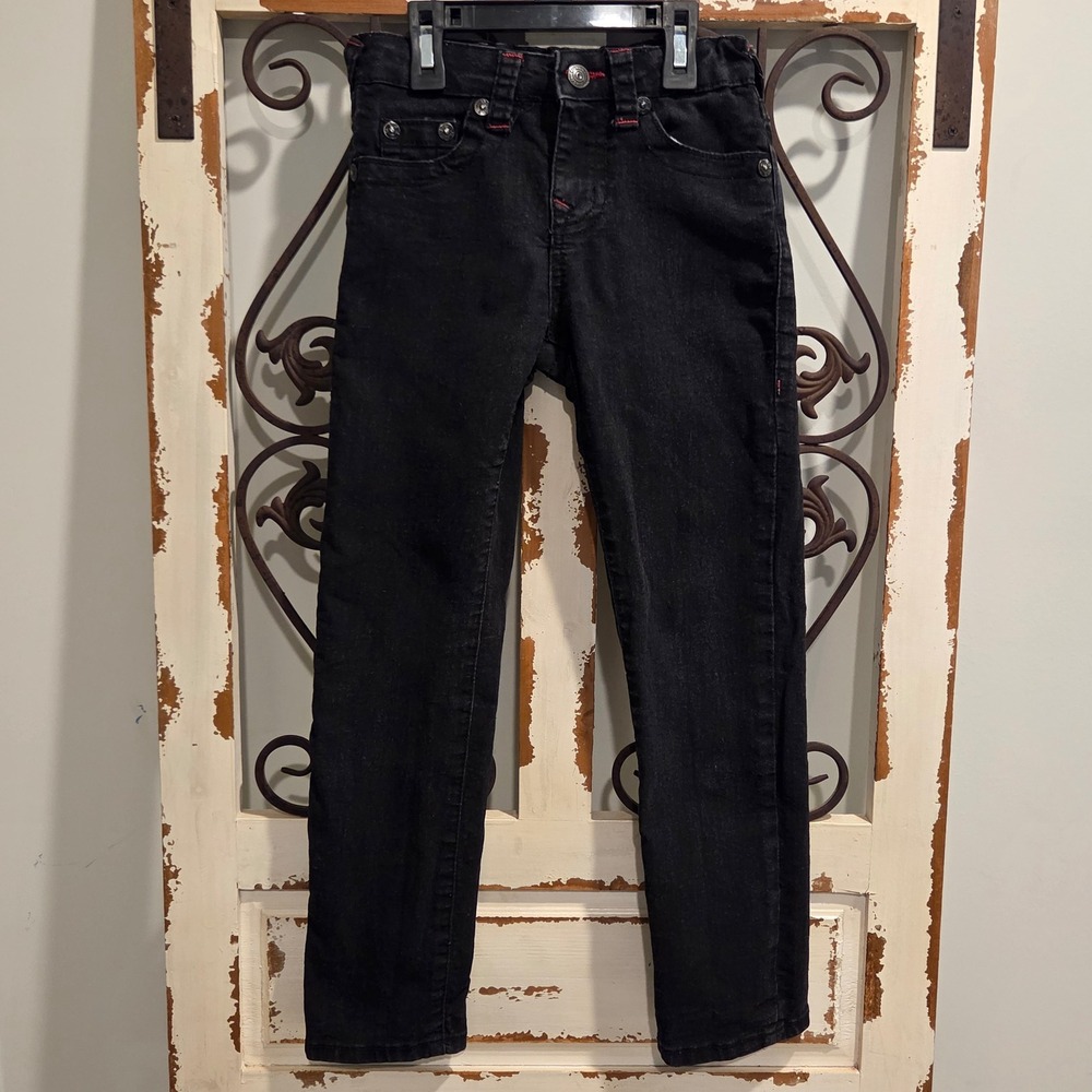 True Religion Boys Geno Relaxed Slim Black Jeans Red Stitch Size 7 Adj Waist